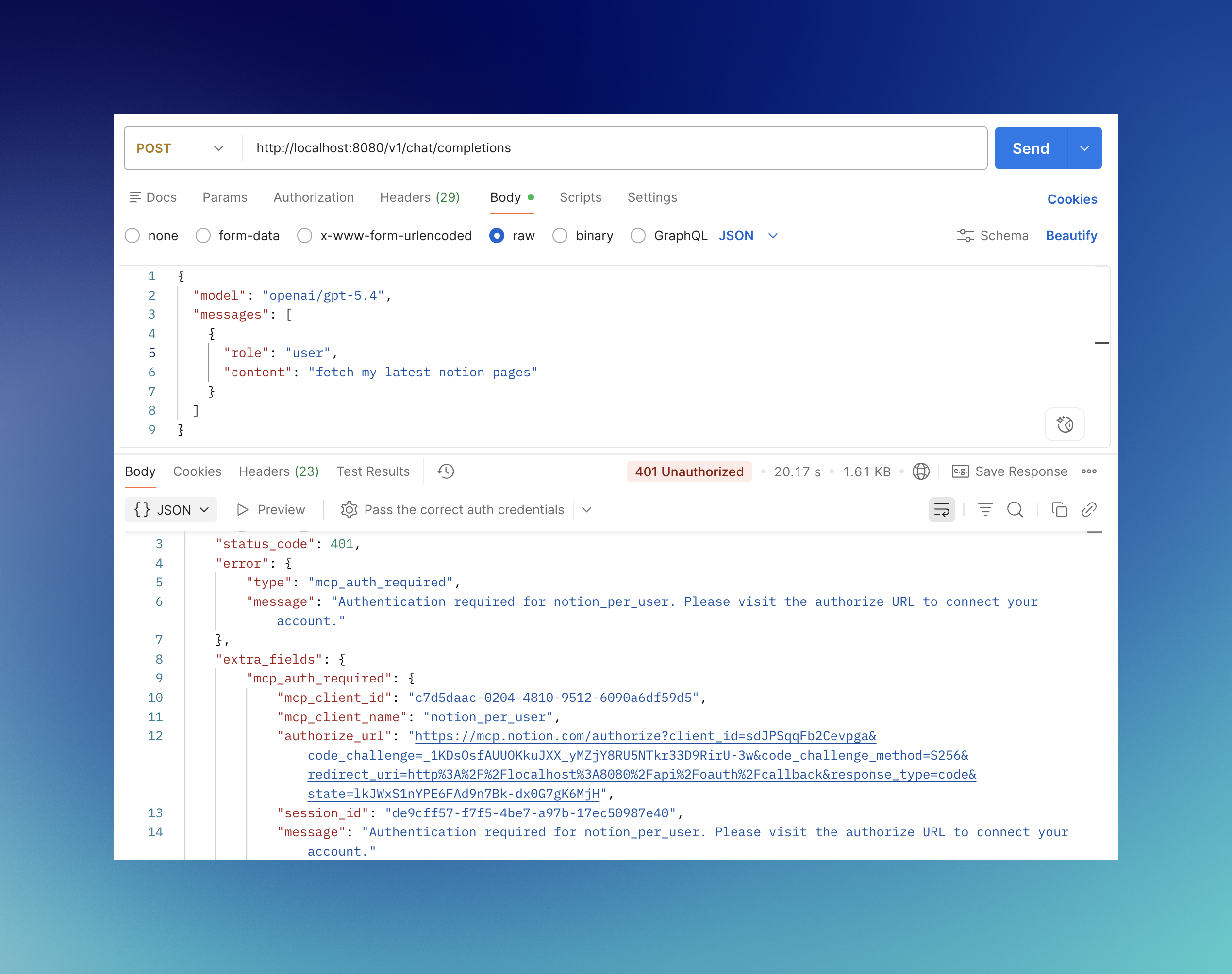 API response showing mcp_auth_required with an authorize_url when the user has not yet authenticated